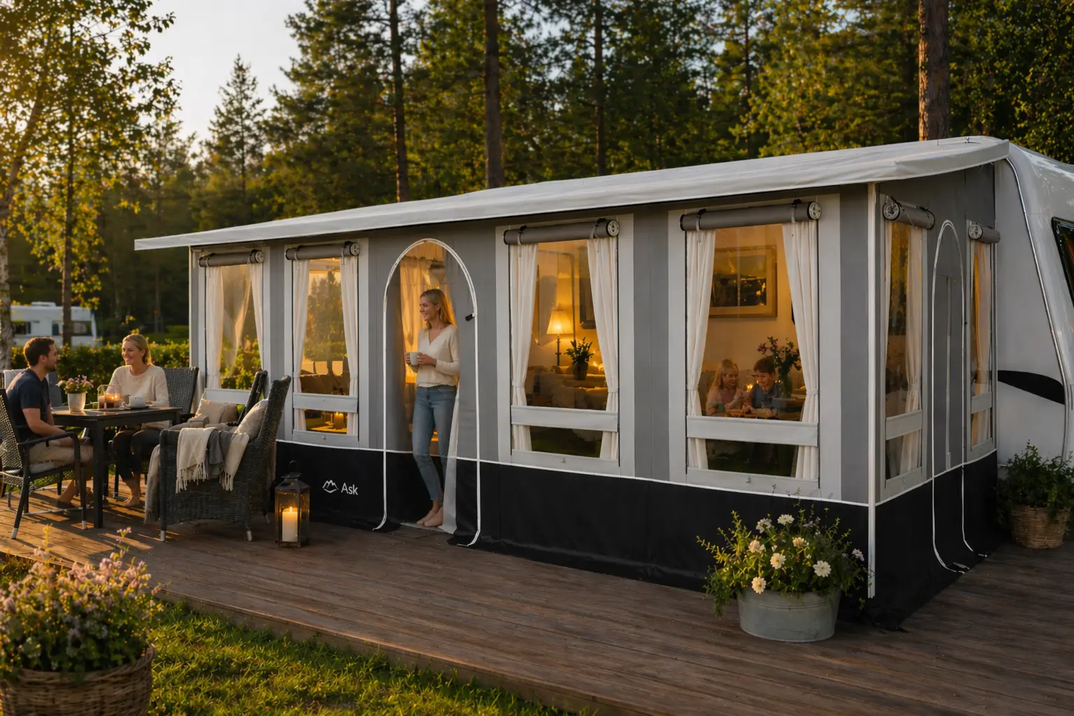 Åretrunttält och standbytält uppställt på campingplats